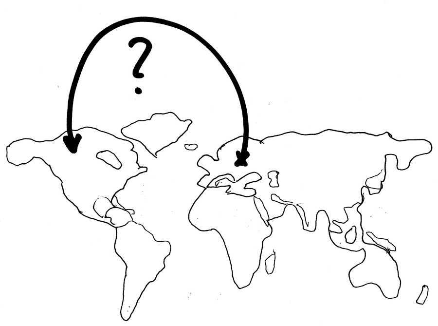 Pen drawing: a world map with one bold arc drawn from Europe to North America, and a question mark above it.